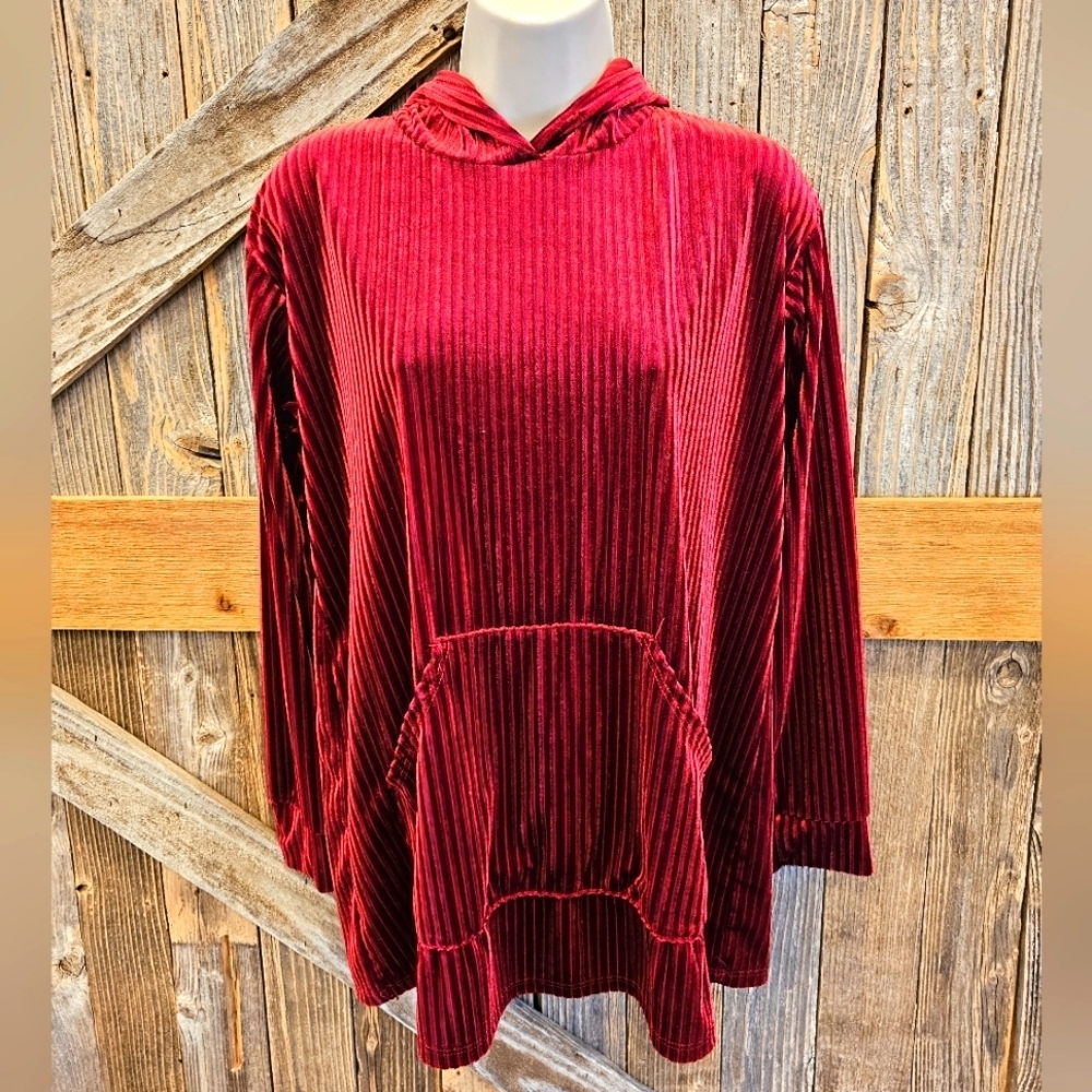 Lilypad Velour Red Burgandy Ribbed Hoodie Medium Shiny Soft Velvet EUC ^*